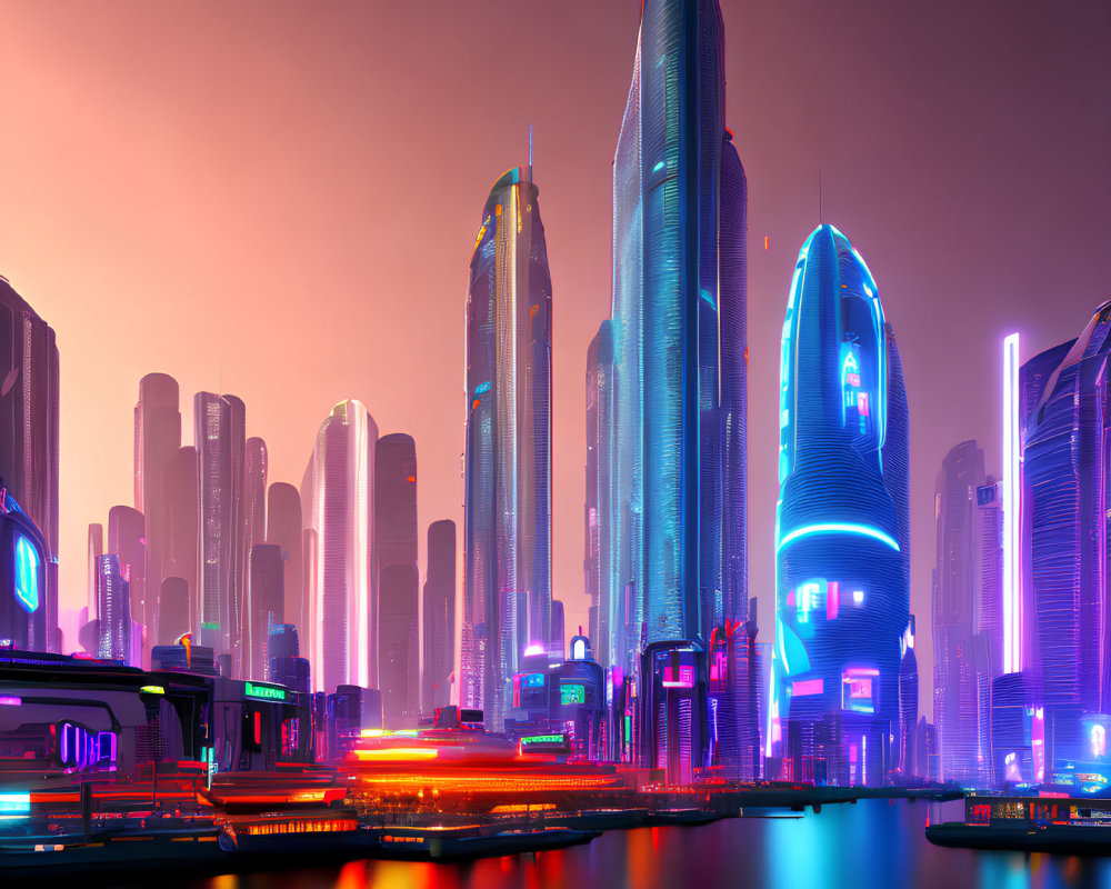 Neon-lit skyscrapers in futuristic cityscape at twilight