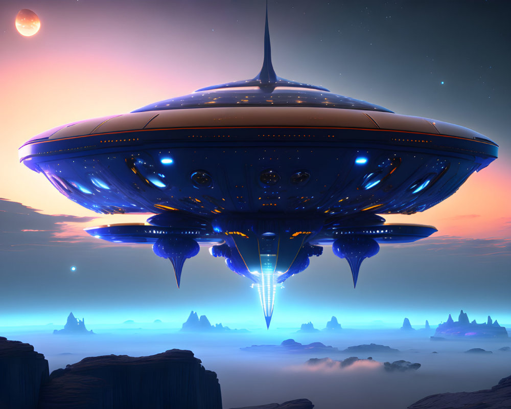 Futuristic spaceship over misty alien landscape at dusk
