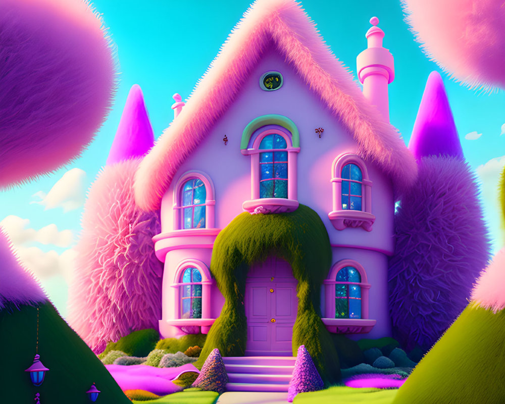 Colorful illustration of pink fluffy home in surreal landscape