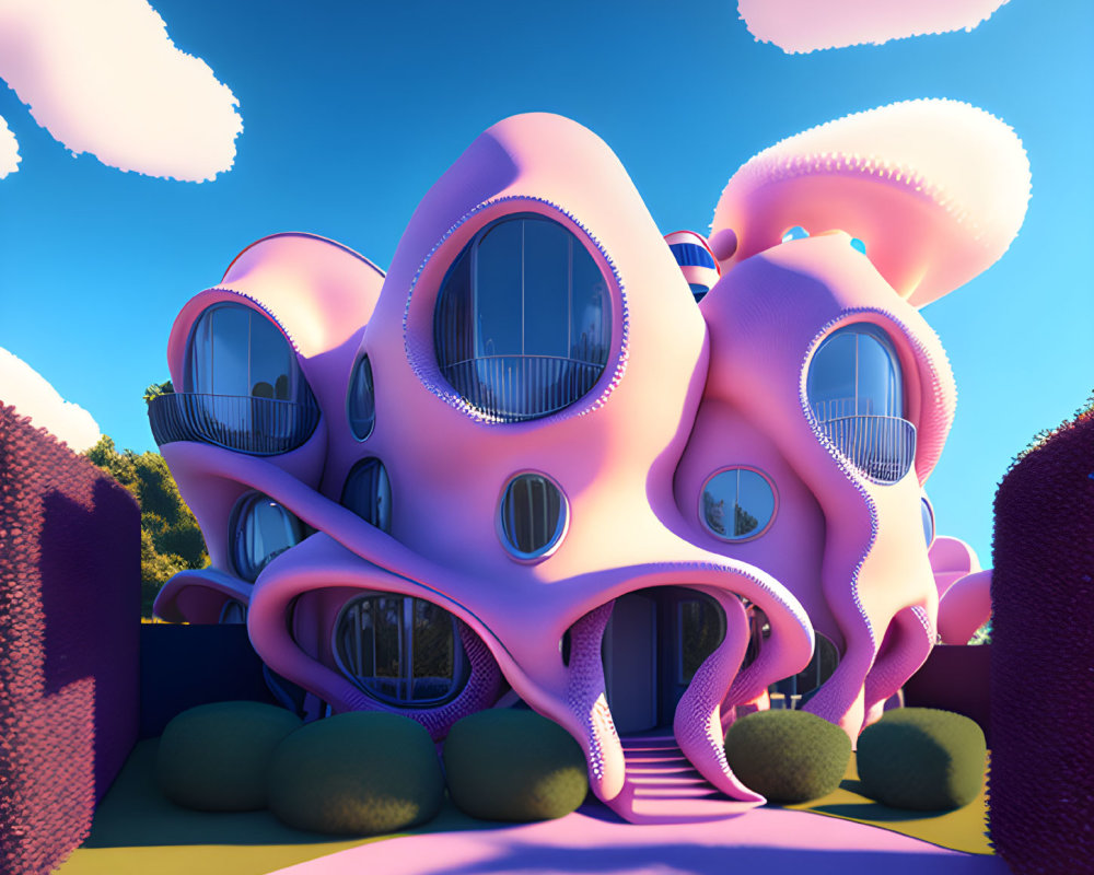 Whimsical pink structure with stylized windows in surreal landscape
