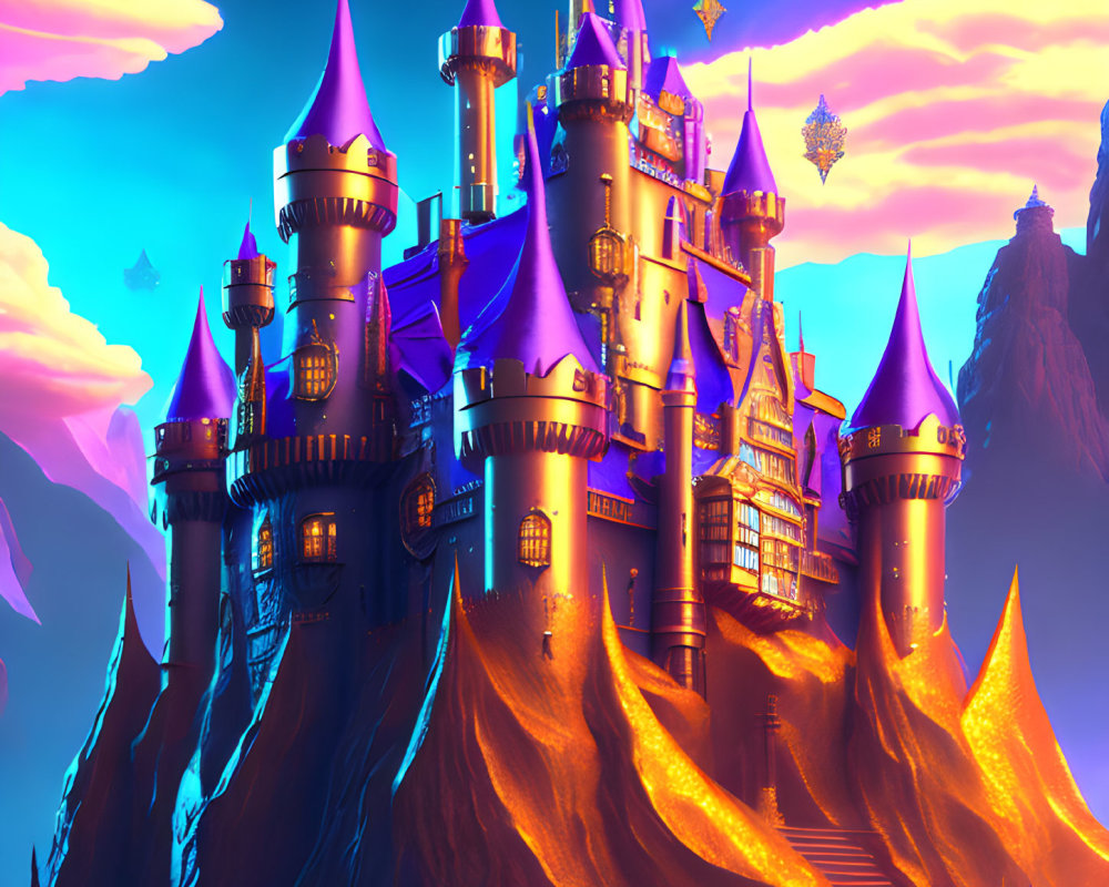 Fantasy castle digital artwork on craggy hill at sunset