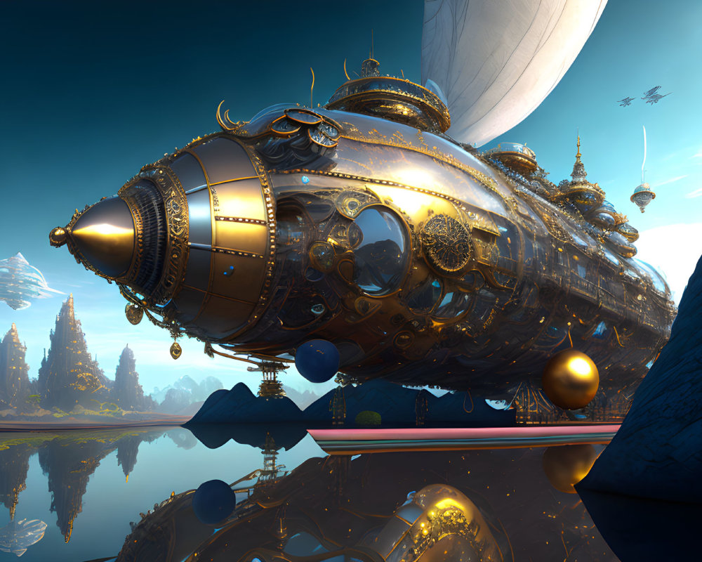 Steampunk-style airship with golden details near futuristic skyline.