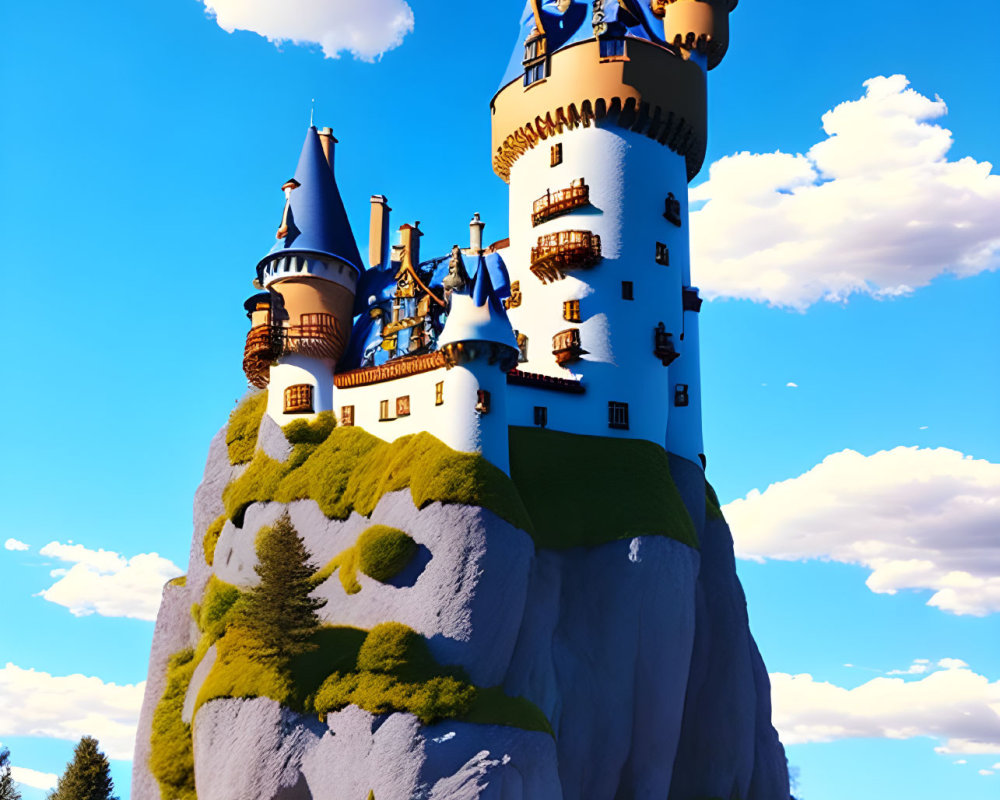 Fantastical castle with spires and turrets on hill under blue sky