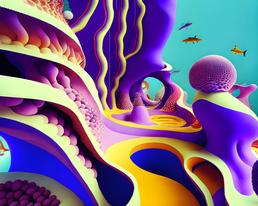 Colorful Abstract Digital Art with Surreal Shapes and Fish-Like Elements