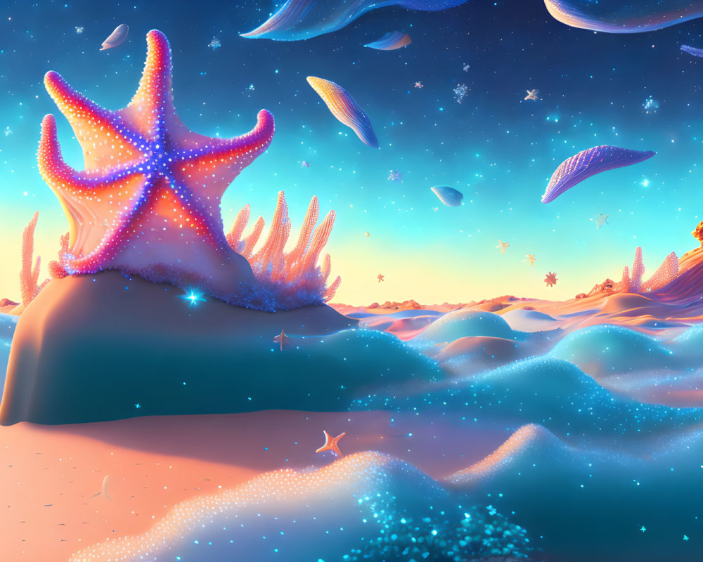 Surreal landscape with starfish, bioluminescent waves, flying fish, starry sky