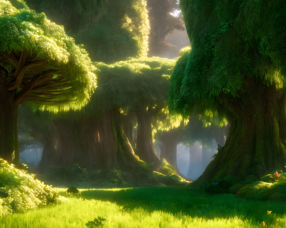 Ethereal forest with sunbeams, moss-covered trees, and lush meadow