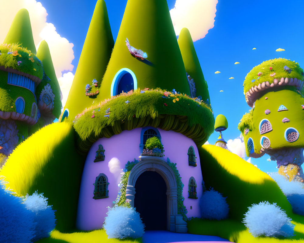 Whimsical green houses in a vibrant fantasy landscape