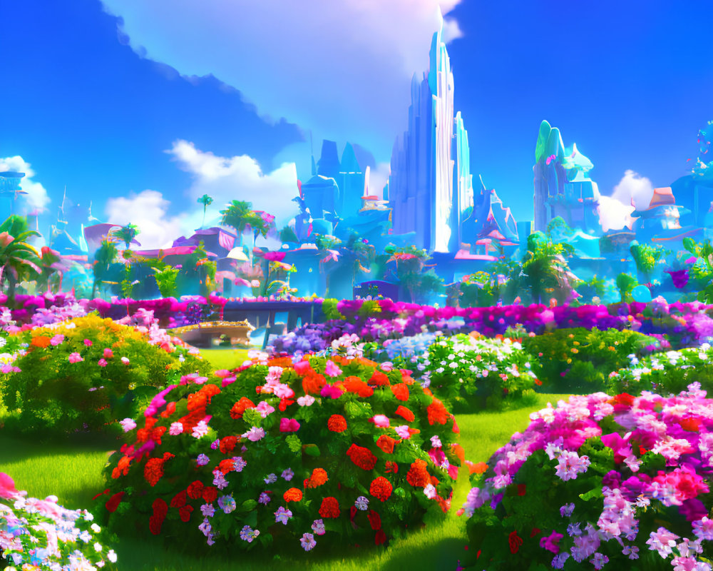 Colorful Fantasy Landscape with Flower Bushes and Crystal City