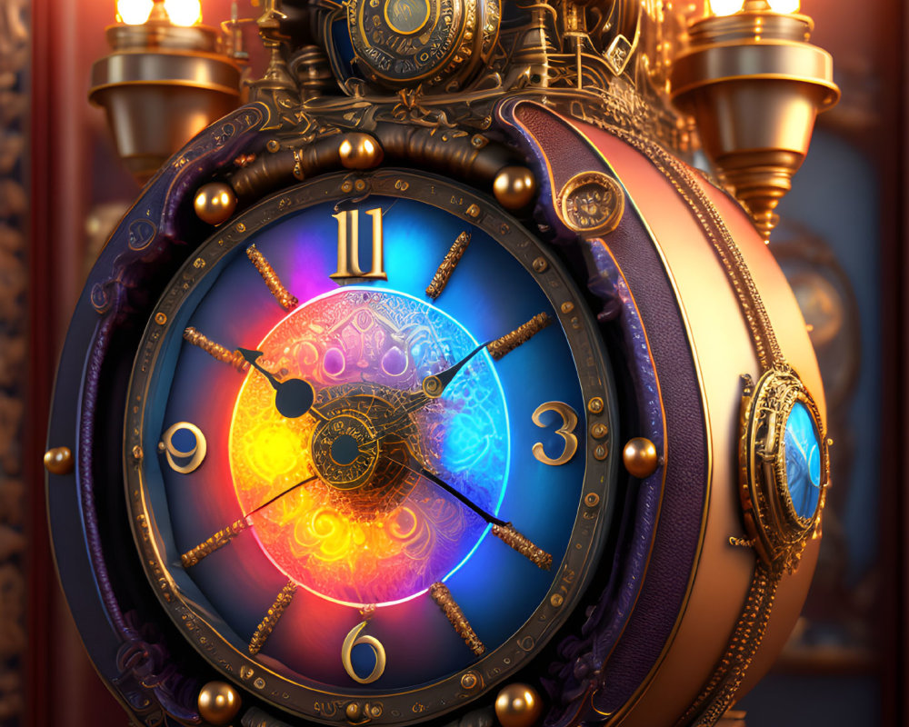 Steampunk-style clock with glowing symbols and intricate gears