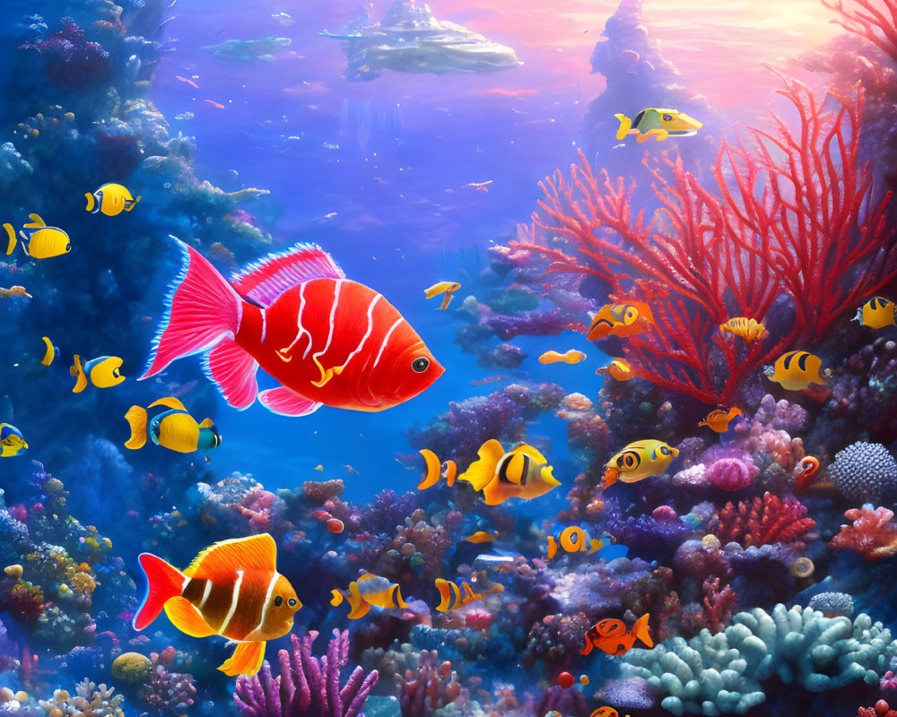 Colorful Fish and Corals in Vibrant Underwater Scene