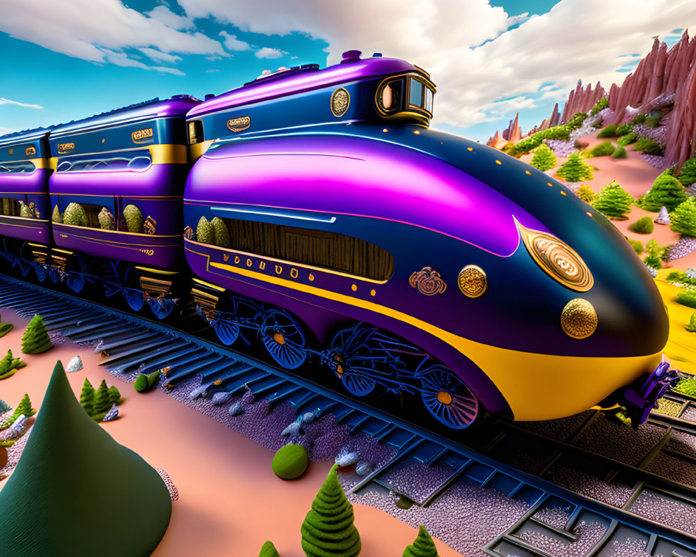 Colorful steam train in fantasy landscape with pink rock formations