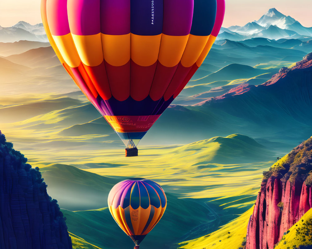 Vibrant hot air balloons over lush valley with mountains