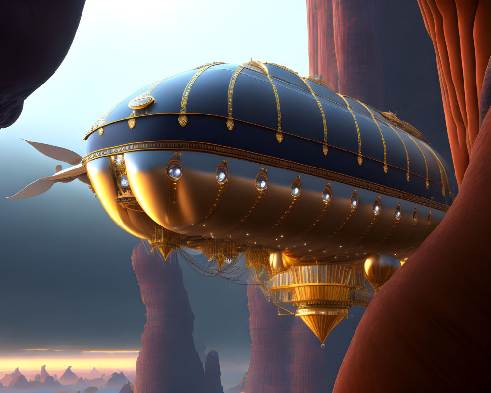Golden embellished airship among red rock formations at dusk