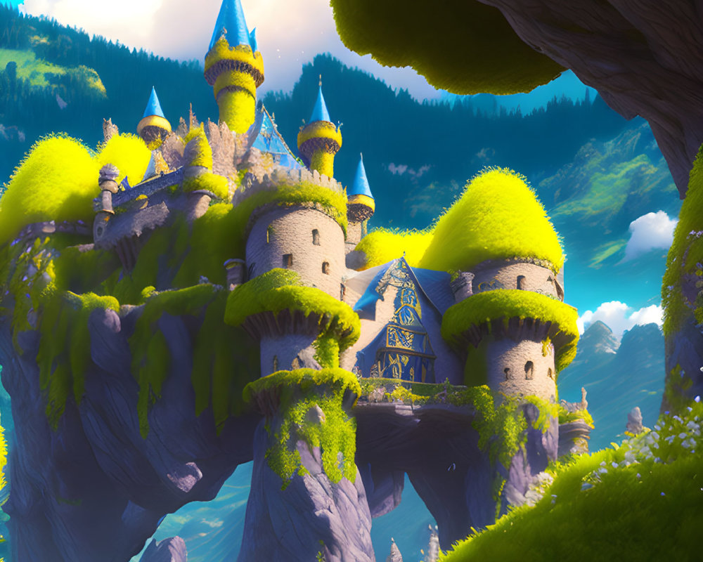 Fantasy castle with blue rooftops on moss-covered cliffs in a sunlit forest