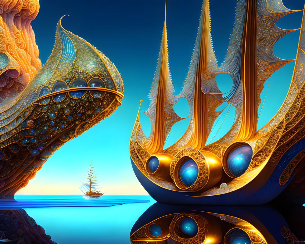 Surreal landscape with golden structures and iridescent spheres on reflective blue surface