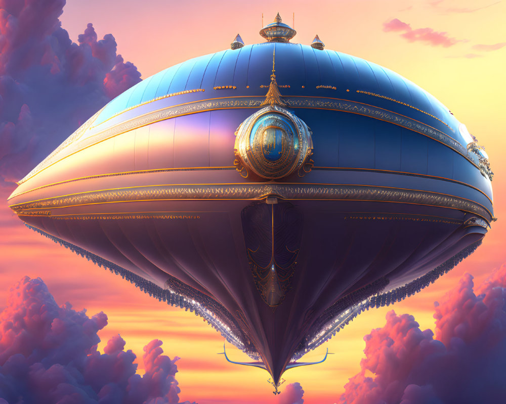 Ornate airship with gold details in vivid sunset sky