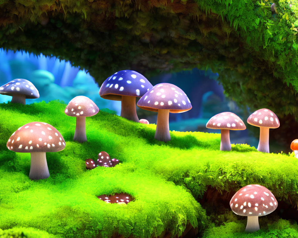 Vibrant, oversized spotted mushrooms in whimsical forest scene