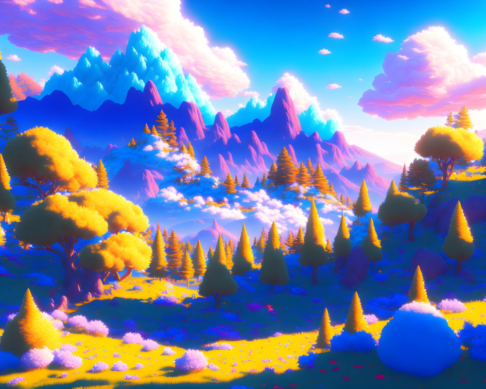 Surreal landscape with vibrant trees and purple mountains