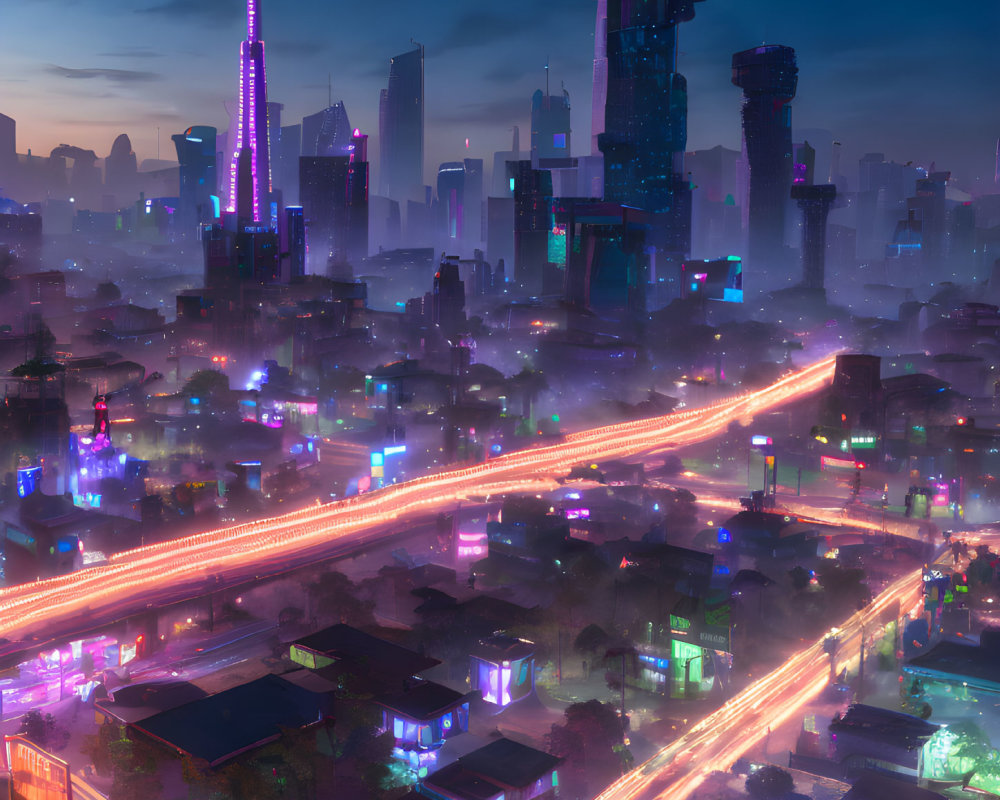 Futuristic cityscape with neon lights and towering skyscrapers