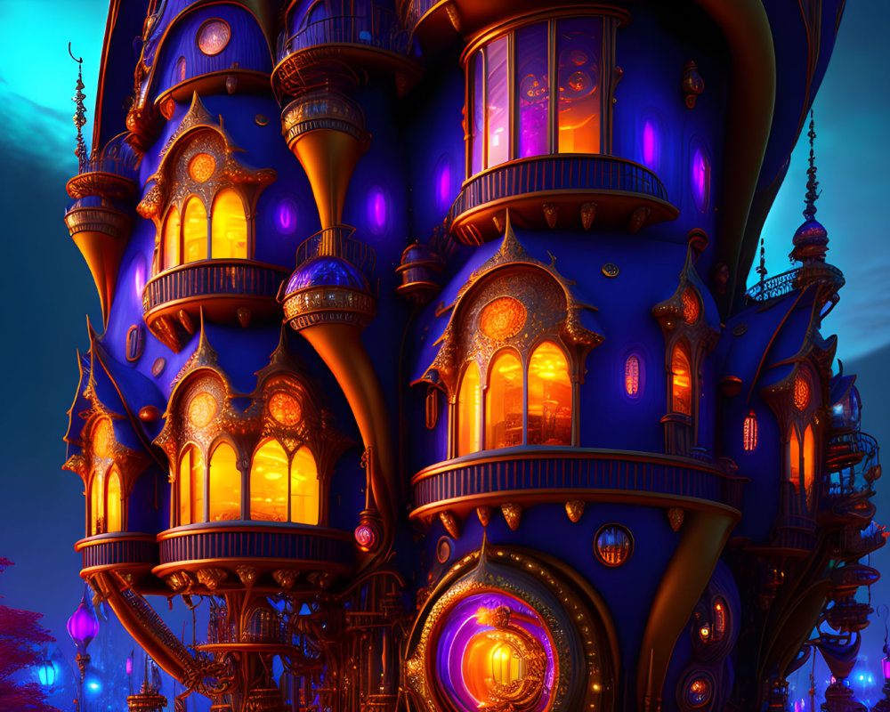 Ornate Illuminated Fantasy Castle Against Twilight Sky