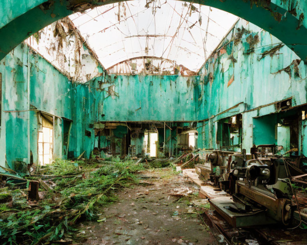 Collapsed roof and overgrown vegetation in abandoned building scene