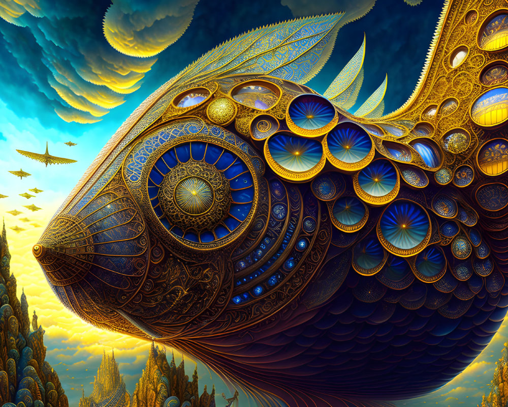 Large ornate fish-like creature in surreal blue sky with intricate clouds