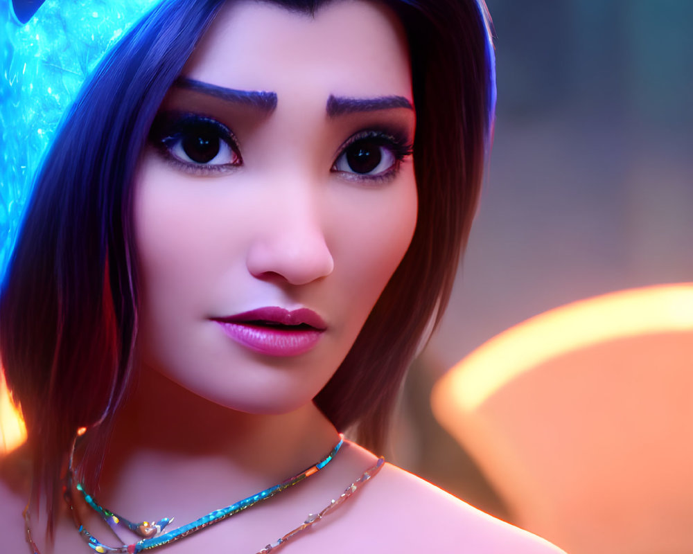 Detailed 3D Render of Female with Blue Crystal Crown and Neon Background