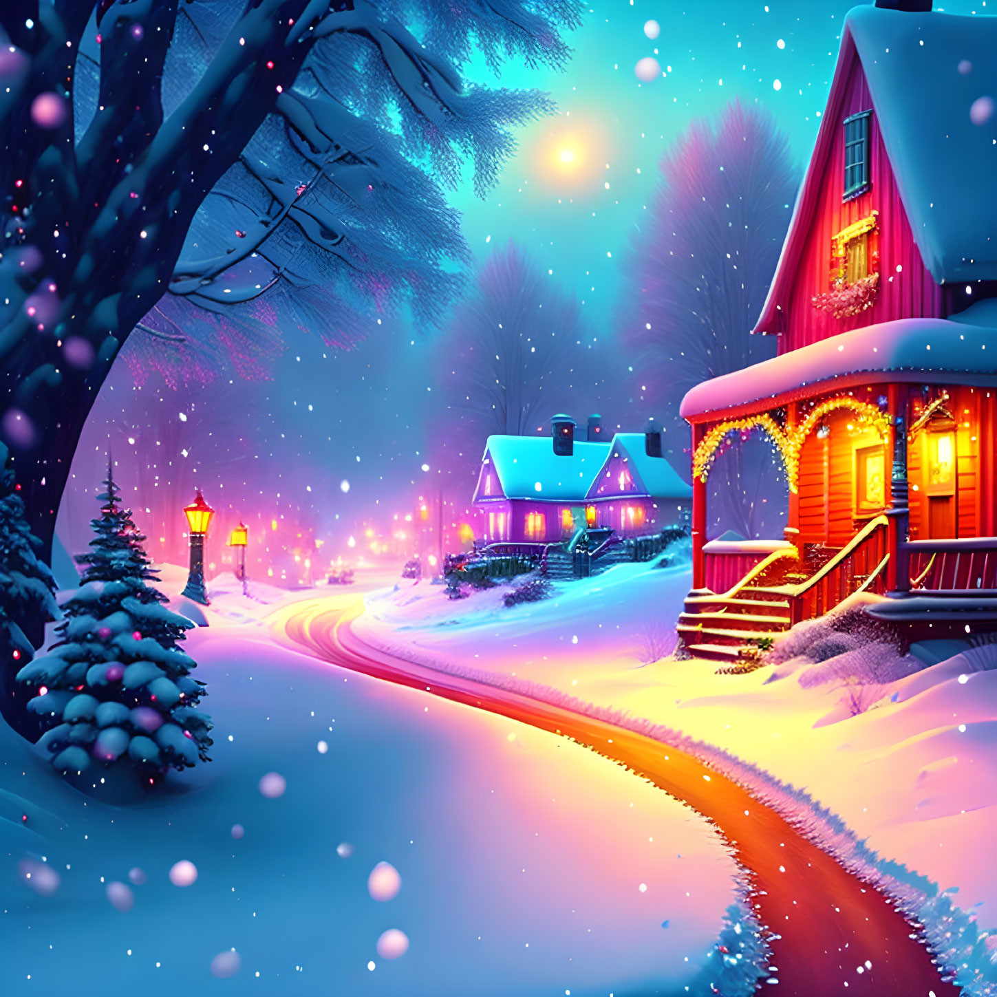 Snowy Winter Village with Cozy Houses and Snowy Path
