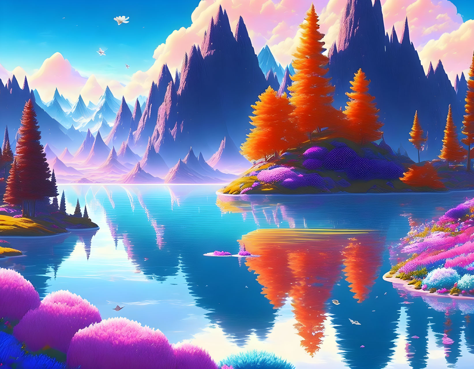 Colorful Trees, Reflective Lake, Mountains, Clear Sky: Vibrant Fantasy Landscape