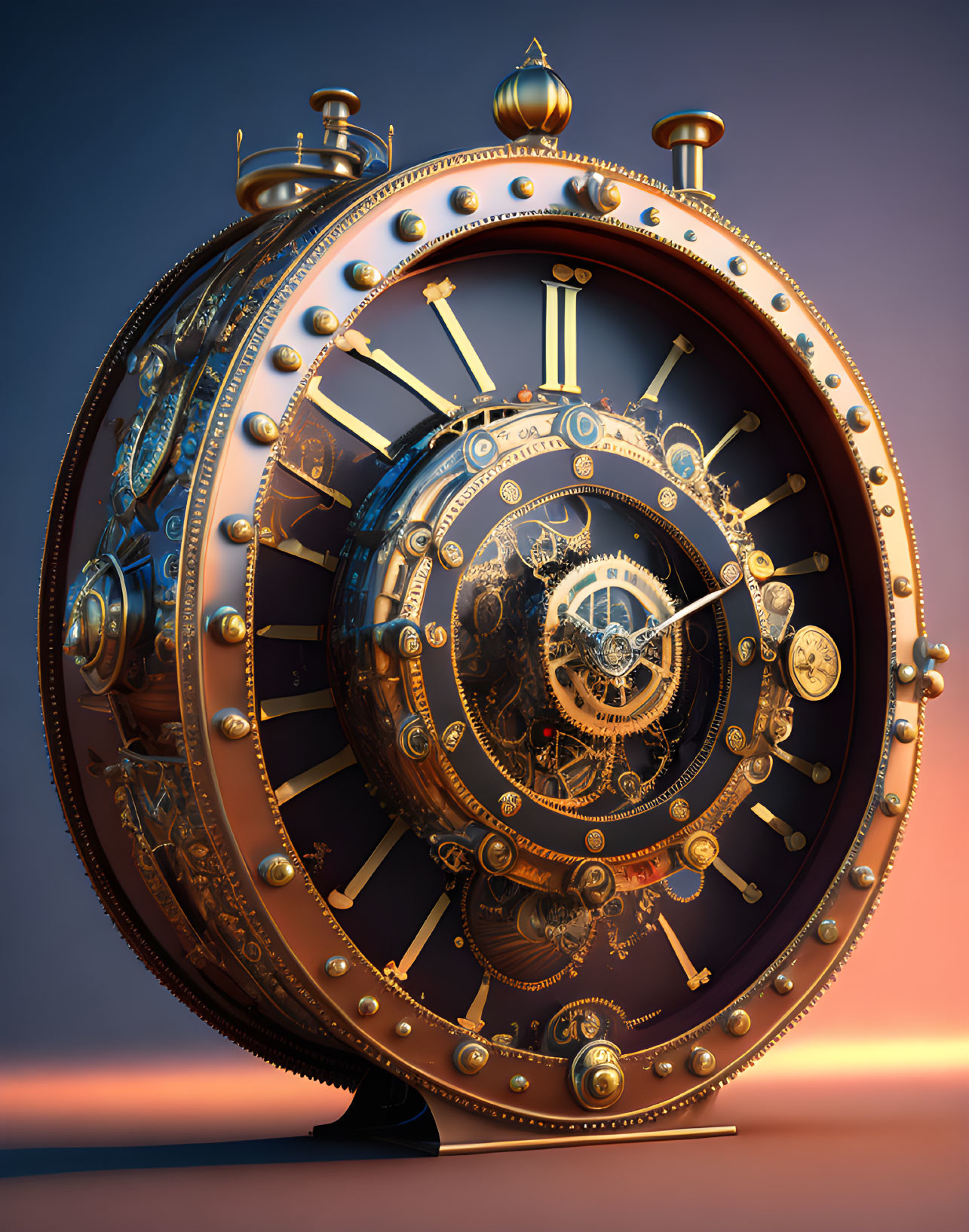 Steampunk-style pocket watch with exposed gears and metallic details