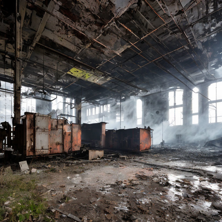 Abandoned industrial setting with rusted machinery and beams of light