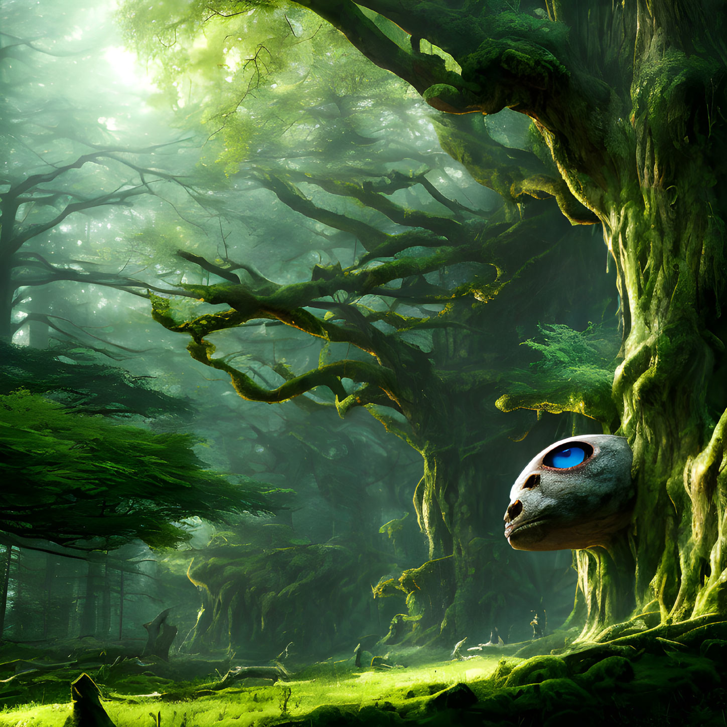 Ethereal forest scene with ancient trees and mystical mask-like object