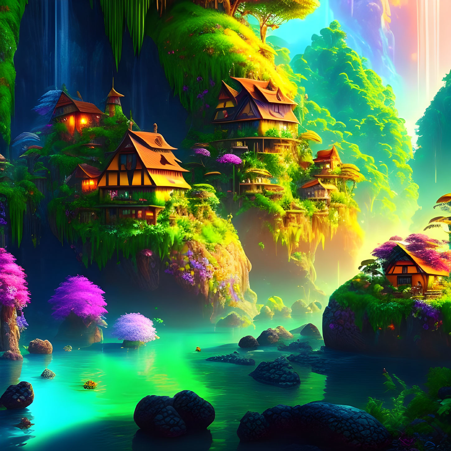 Vibrant fantasy landscape with traditional houses, cliffs, and serene lake