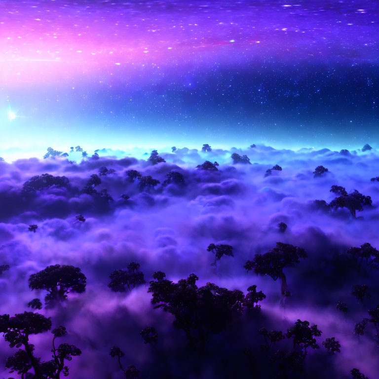 Starry night sky over misty treetops landscape