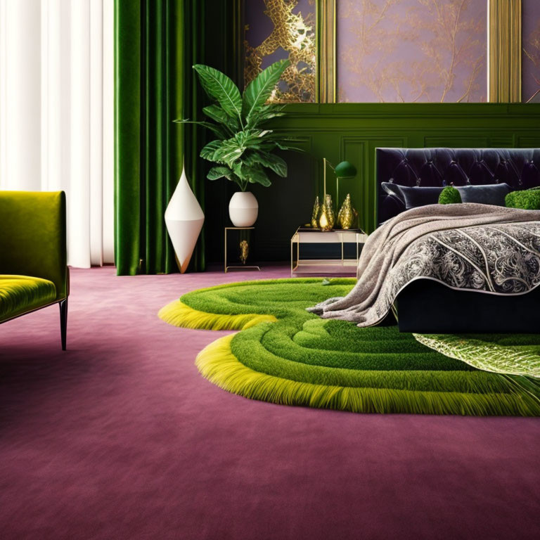 Elegant room with plush purple carpet, green velvet sofa, dark walls, modern bed, stylish decor