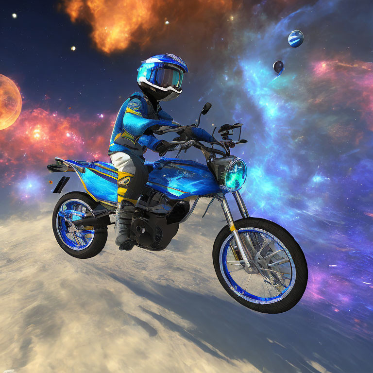 Blue spacesuit rider on futuristic motorcycle in cosmic scene.