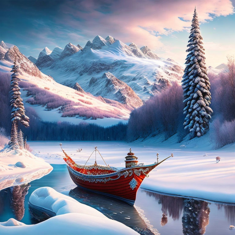 Snow-covered winter landscape with red boat on frozen river and pink-tinted sky