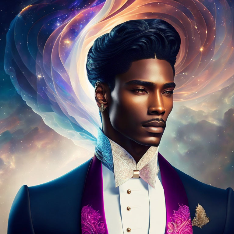 Stylish man in elegant suit against cosmic nebula backdrop