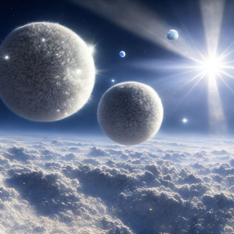 Surreal cosmic scene: fluffy planets, starburst, clouds