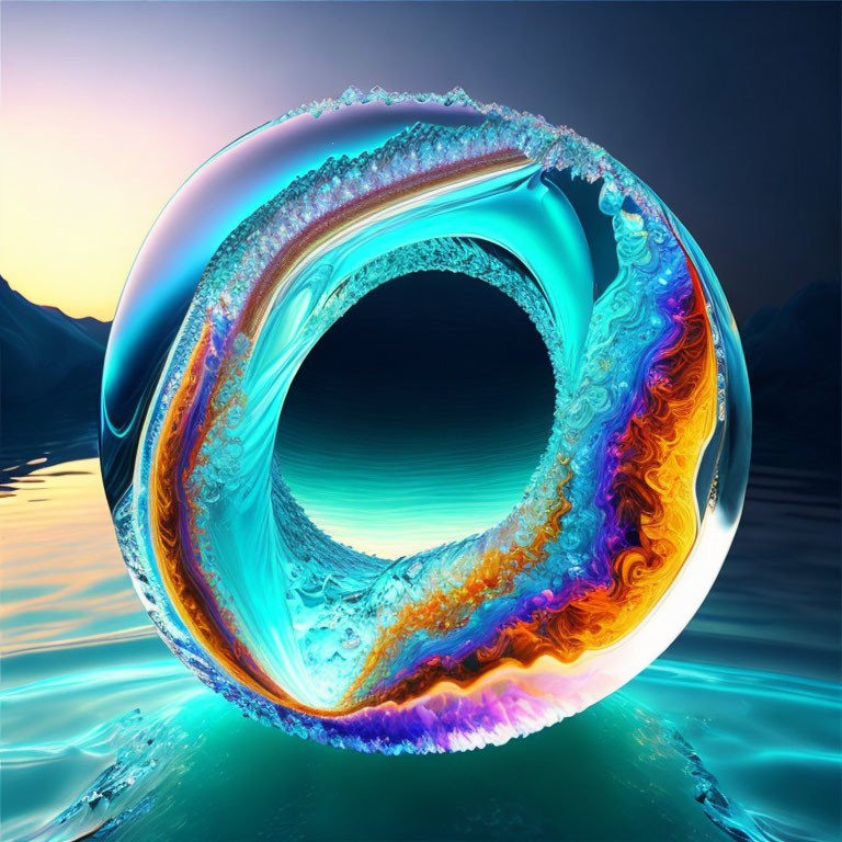 Colorful Toroidal Object with Liquid and Fiery Textures Floating Above Water at Dusk