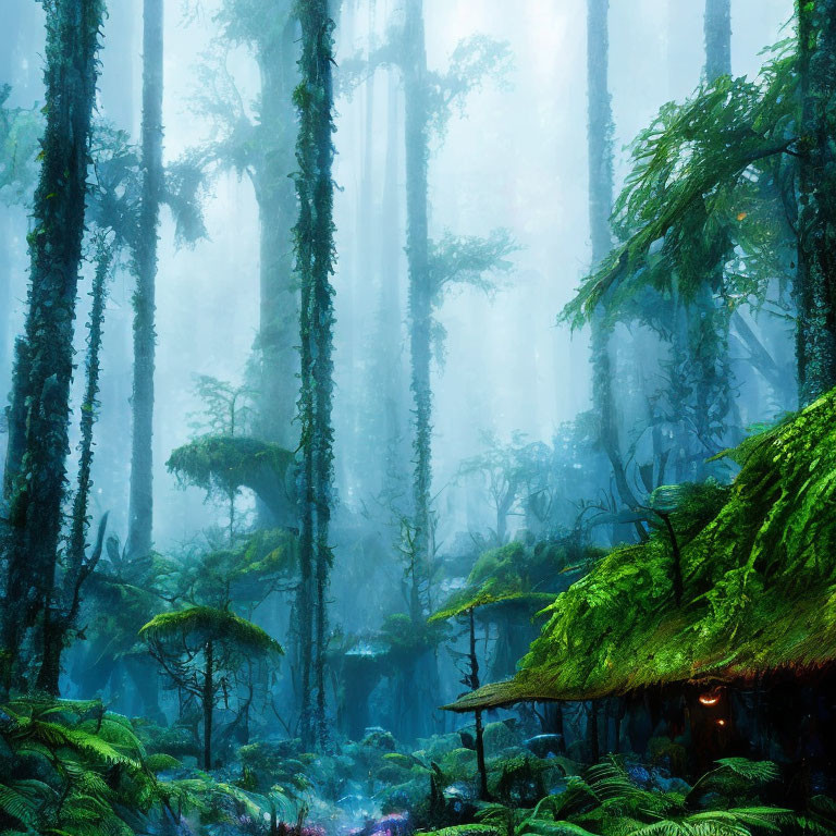Enchanting forest with fog, towering trees, ferns, moss, and hidden hut
