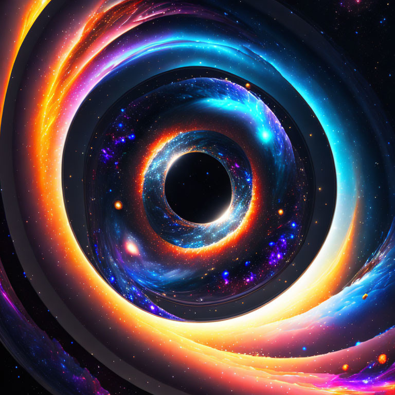 Colorful cosmic illustration of swirling black hole and stars