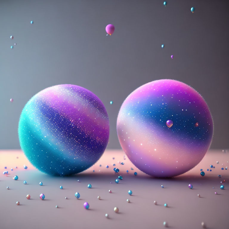 Vibrant galaxy-themed spheres with cosmic color palette and suspended beads