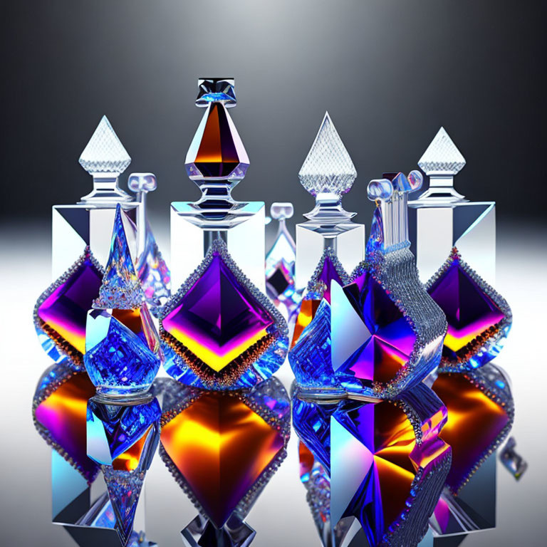 Vibrant Crystal Bottles in Geometric Shapes on Mirrored Surface
