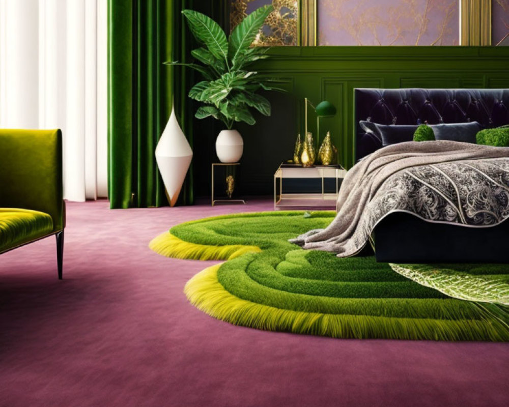 Elegant room with plush purple carpet, green velvet sofa, dark walls, modern bed, stylish decor