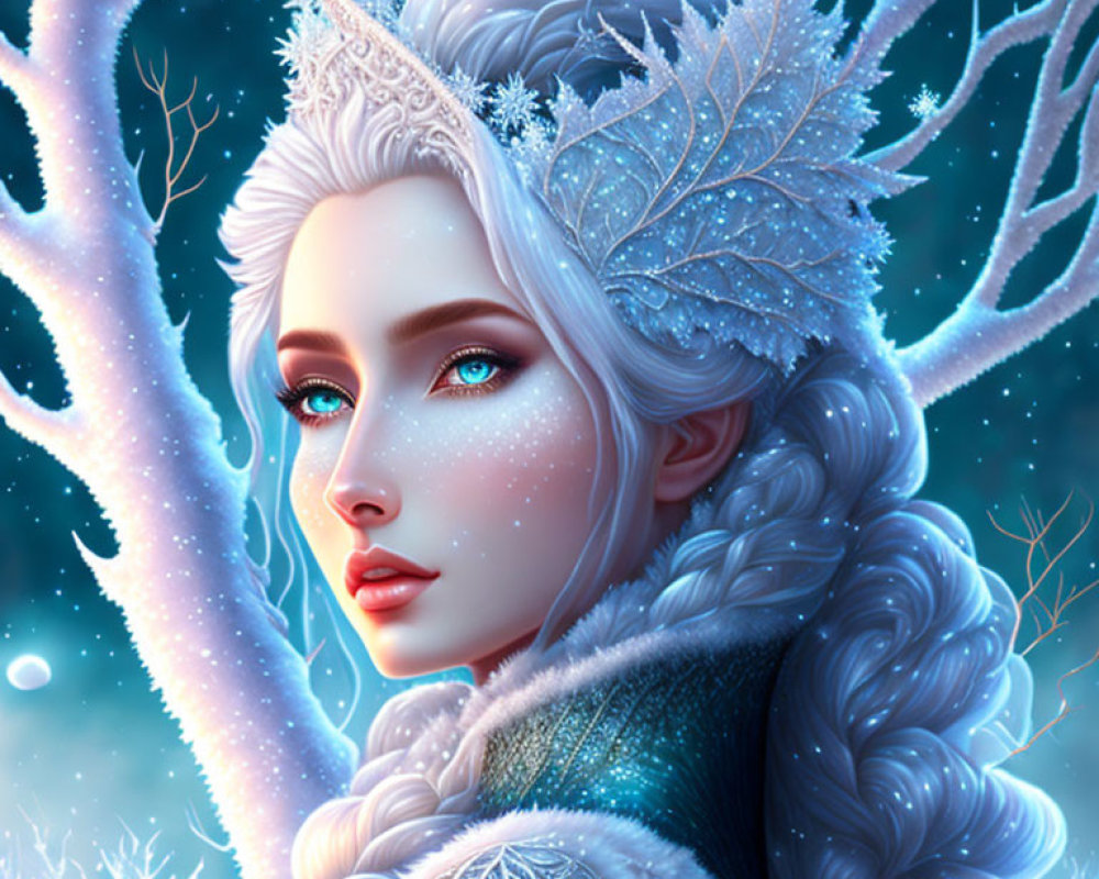 Digital artwork: Woman with icy blue eyes, pale skin, white hair, frosty crown, win