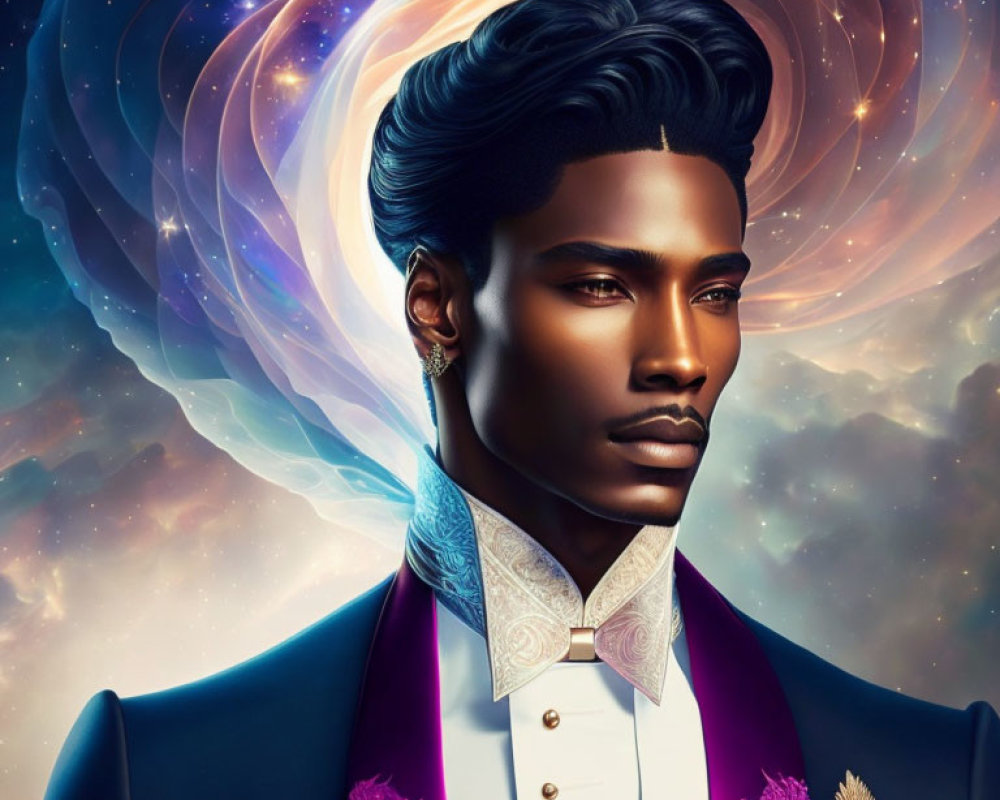 Stylish man in elegant suit against cosmic nebula backdrop
