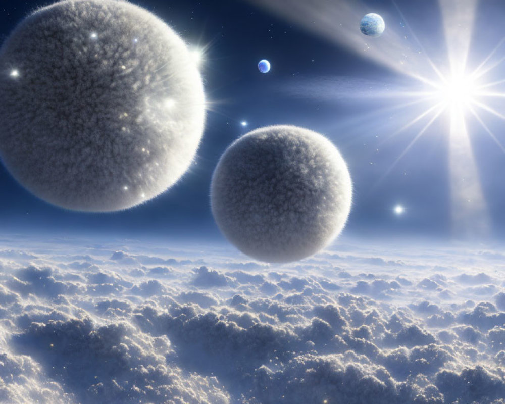 Surreal cosmic scene: fluffy planets, starburst, clouds