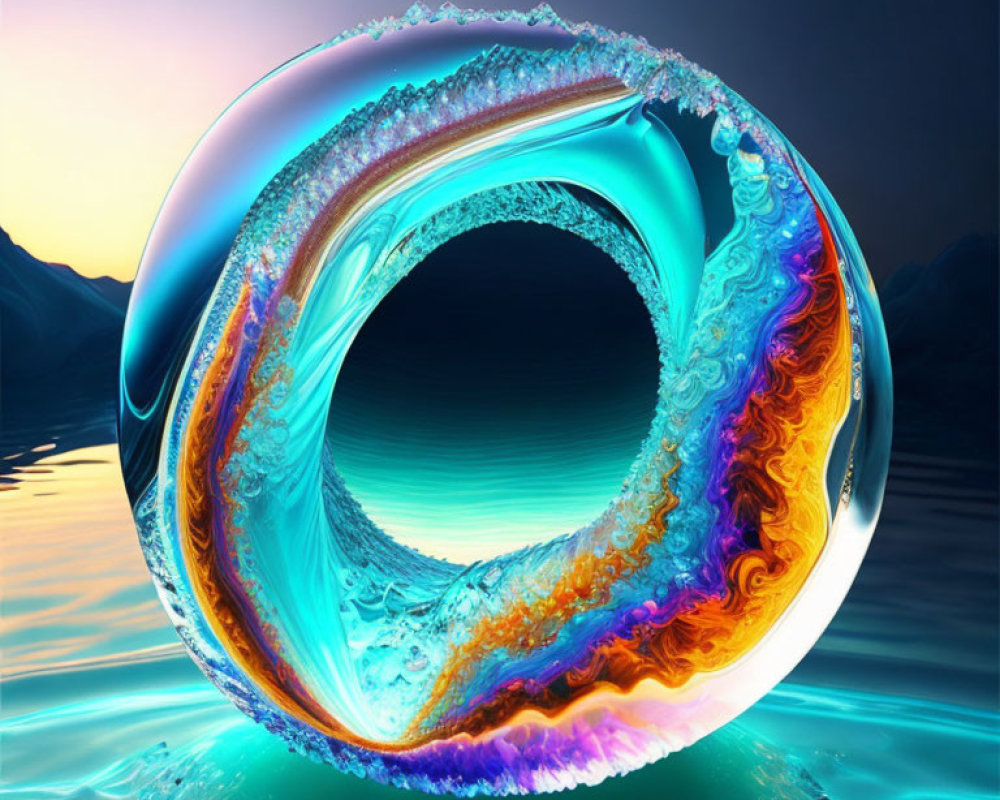 Colorful Toroidal Object with Liquid and Fiery Textures Floating Above Water at Dusk