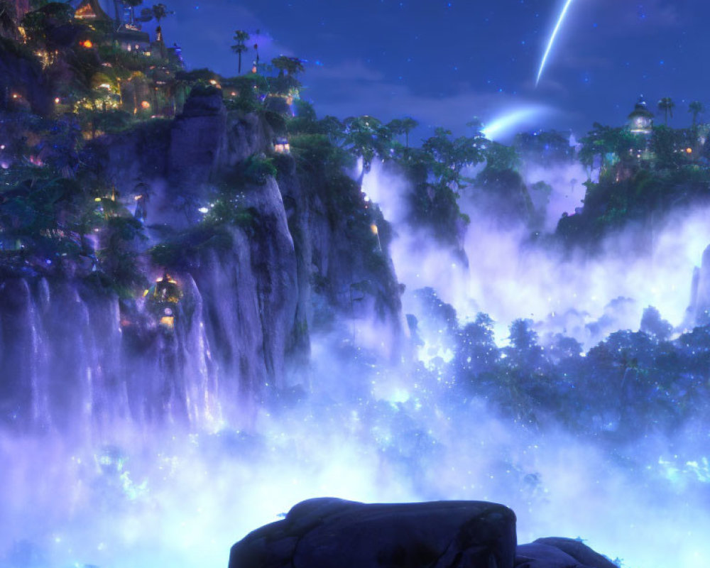 Mystical Nighttime Landscape with Waterfalls, Fog, Shooting Star, and Glowing Structures